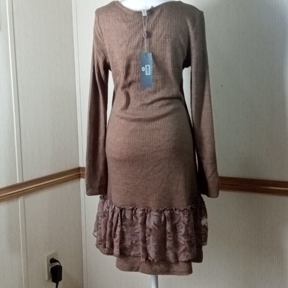 Pretty Angel Brown Long Sleeve Knit Dress with Lace Ruffle Hem Linen - Picture 5 of 8